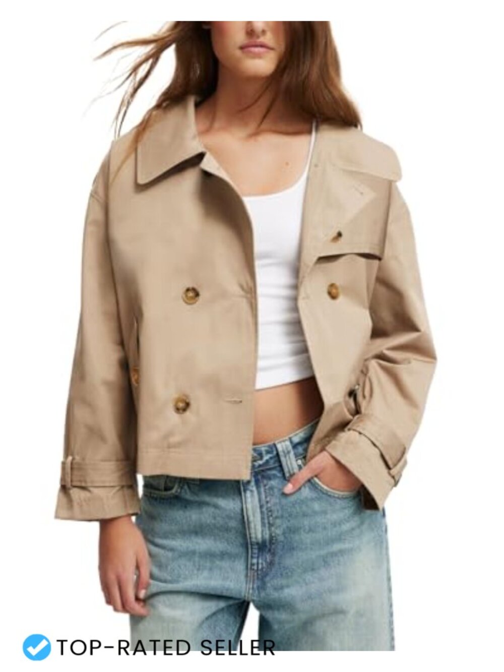 Cropped Trench Coat Women Double Breasted Belted Cuffs Loose Fit Cotton Blend
